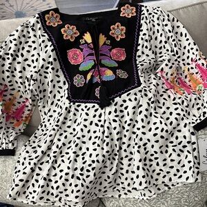 Colorful Embroidered Black & White Peasant Top by Cielo Lane